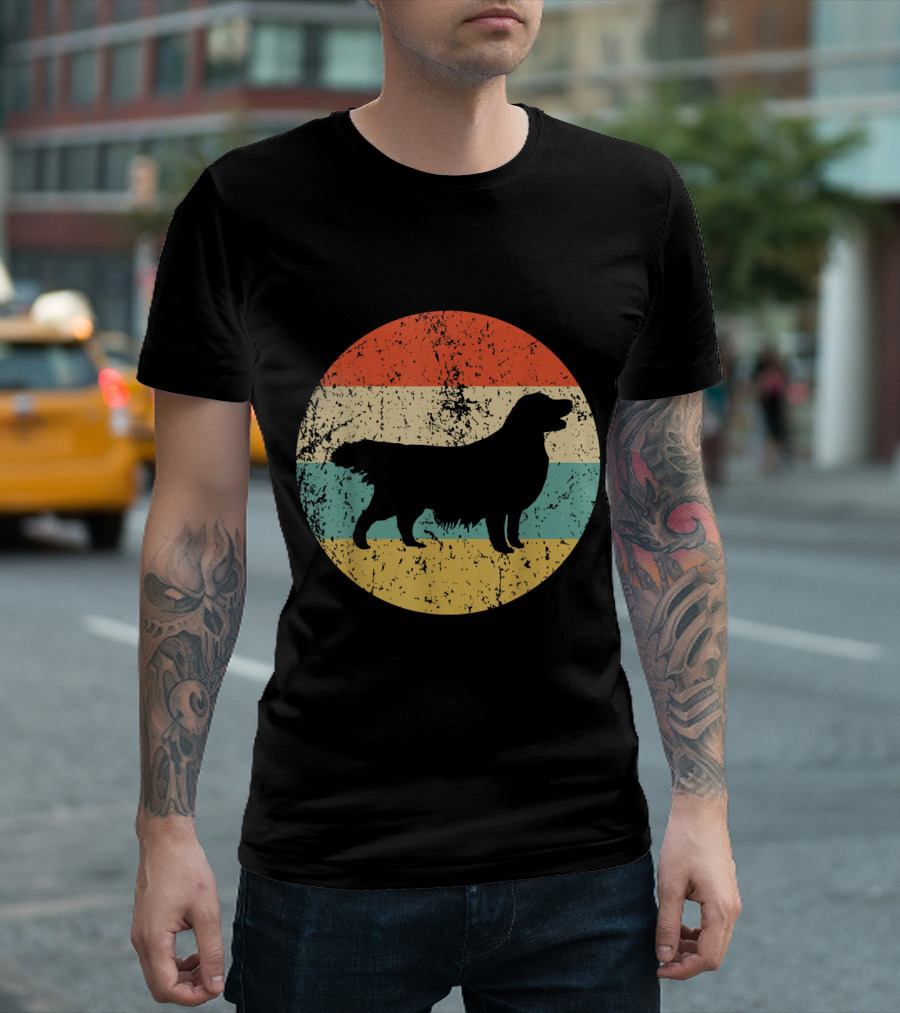 Golden Retriever Silhouette Retro Sunset Stripes T-Shirt