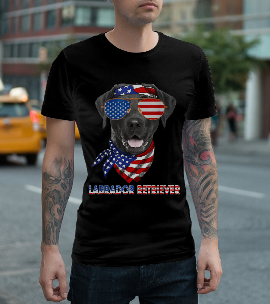 Patriotic Labrador Retriever with American Flag Sunglasses and Bandana T-Shirt