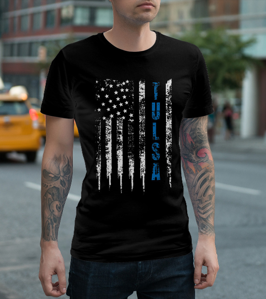 Distressed American Flag Blue Line Tulsa Nation T-Shirt