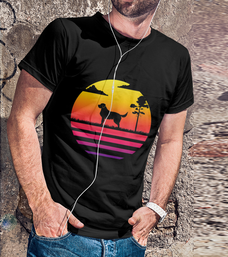Golden Retriever Silhouette Retro Sunset Stripes Vintage Dog T-Shirt