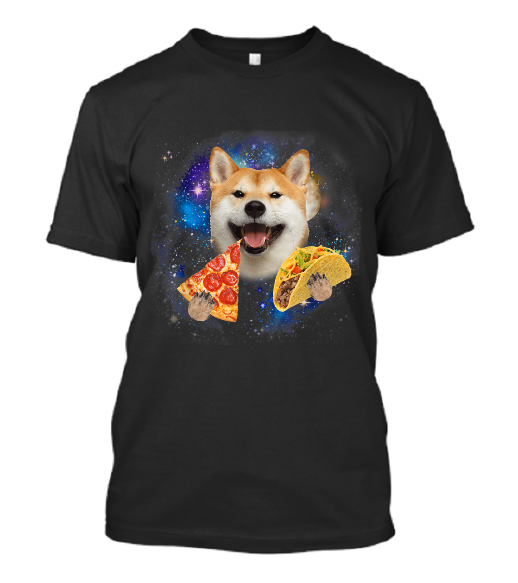 Akita In Space Eating Pizza And Taco With Galaxy Background T-Shirt
