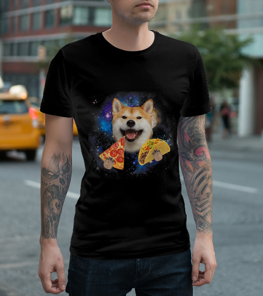 Akita In Space Eating Pizza And Taco With Galaxy Background T-Shirt