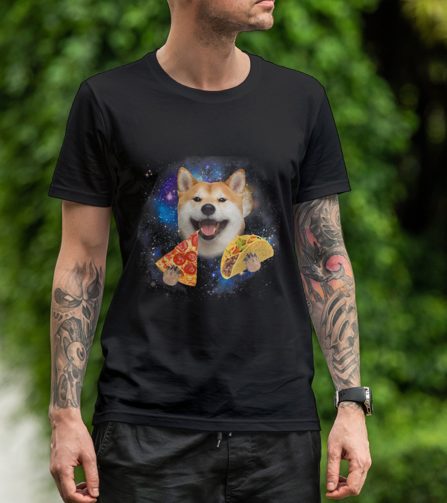 Akita In Space Eating Pizza And Taco With Galaxy Background T-Shirt