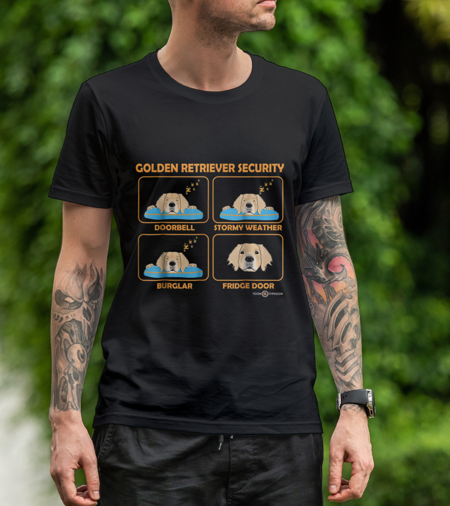Golden Retriever Security Doorbell Stormy Weather Burglar Fridge Door Toon Typhoon T-Shirt