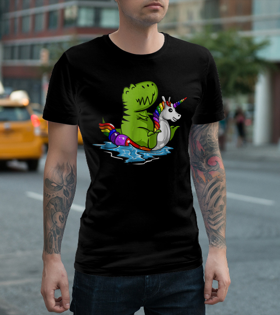 T Rex Dinosaur On Rainbow Unicorn Pool Float In Water T-Shirt