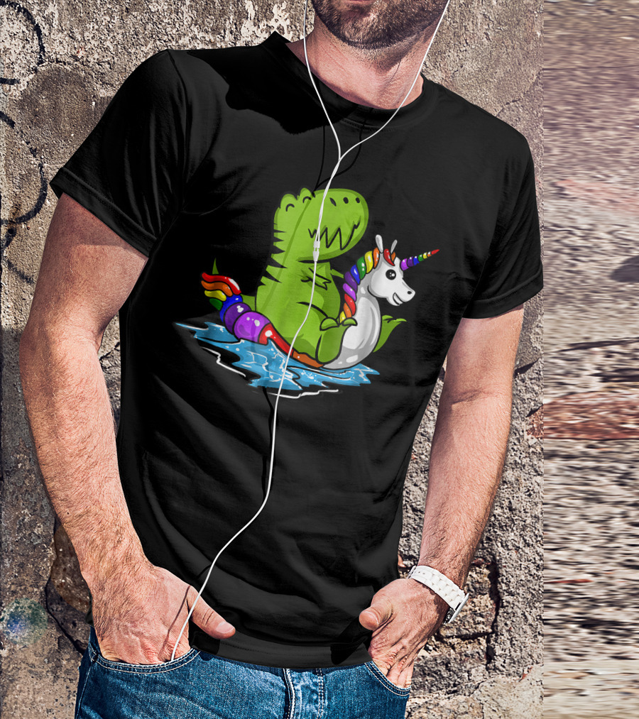 T Rex Dinosaur On Rainbow Unicorn Pool Float In Water T-Shirt
