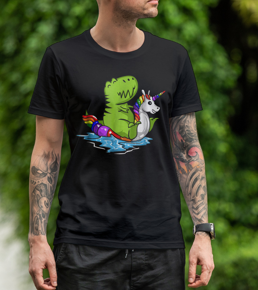 T Rex Dinosaur On Rainbow Unicorn Pool Float In Water T-Shirt