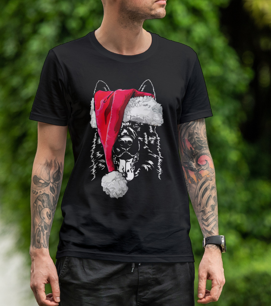 Funny German Shepherd Dog Wearing Santa Hat Christmas Humor T-Shirt