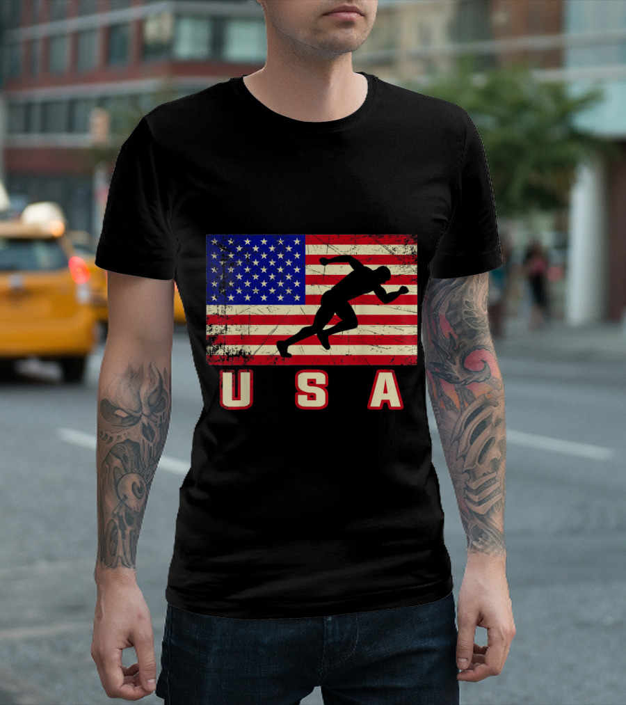 USA American Flag Track and Field Silhouette Patriotic Runner T-Shirt