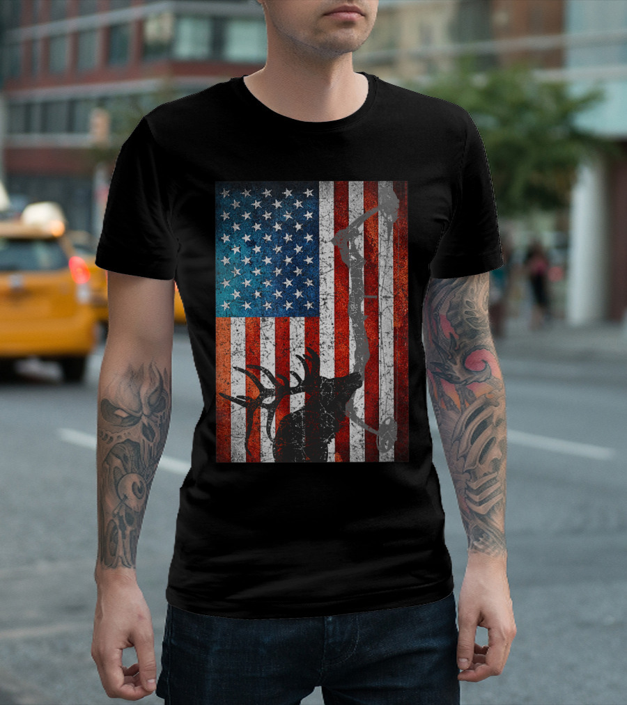American Flag Elk Bow Hunting T-Shirt