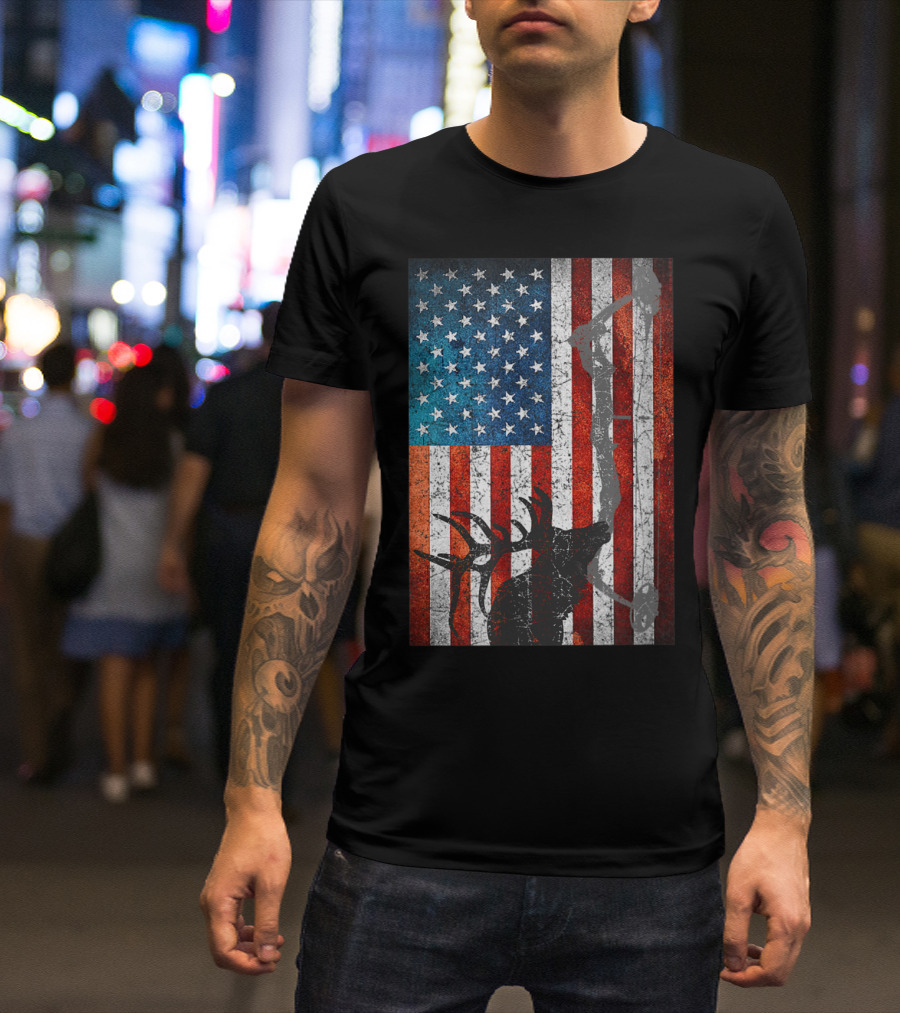 American Flag Elk Bow Hunting T-Shirt