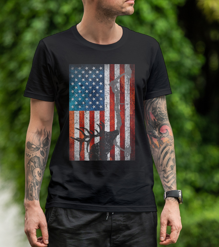 American Flag Elk Bow Hunting T-Shirt