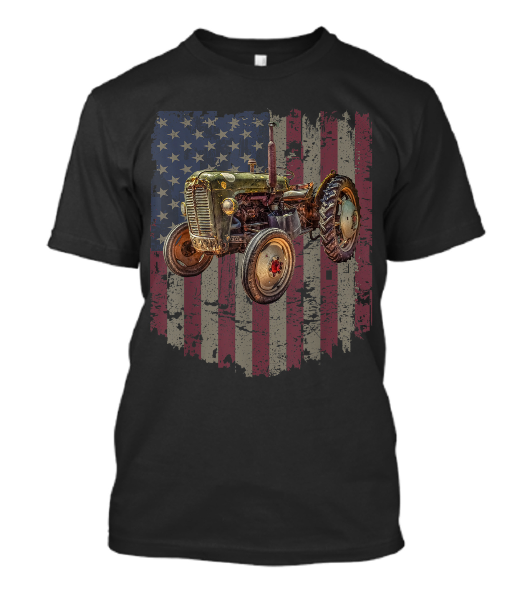 Vintage Tractor On Distressed American Flag Background Patriotic Farmer T-Shirt