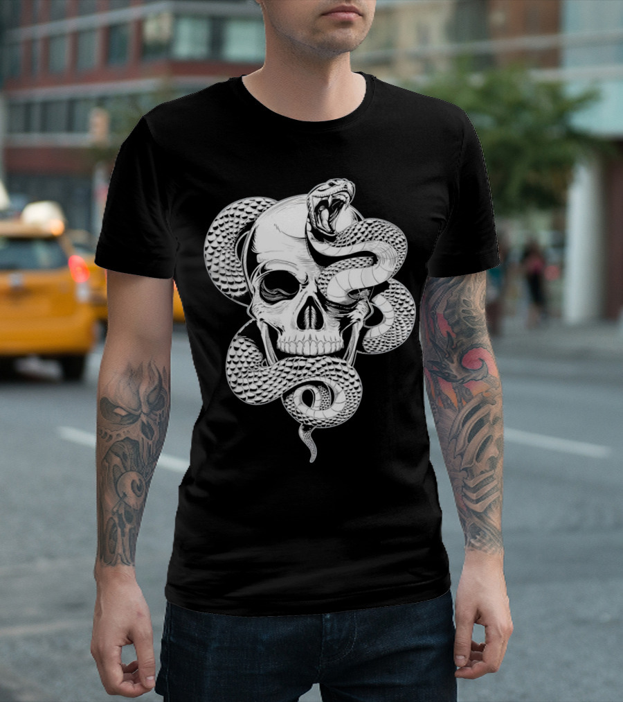 Snake Wrapped Around Skull Skeleton T-Shirt