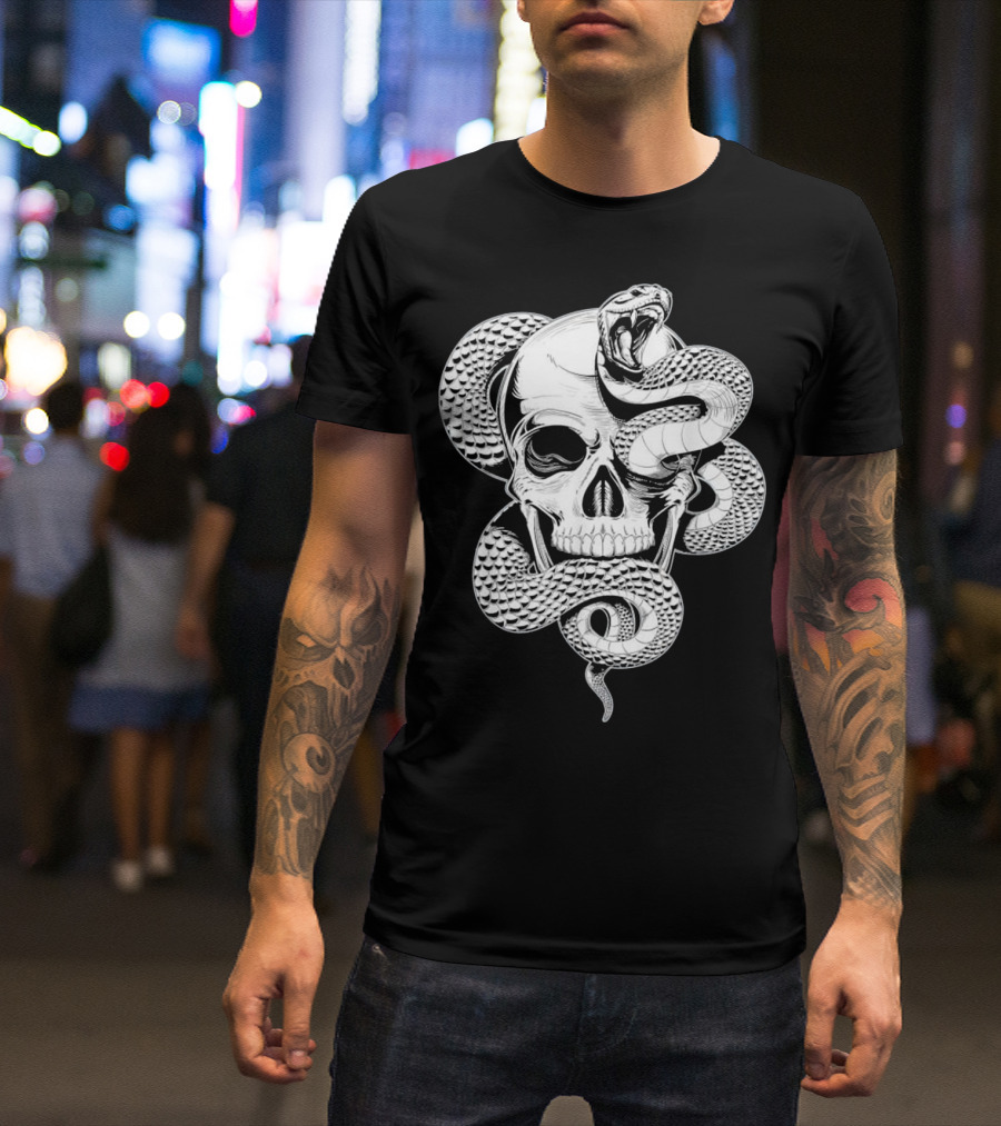Snake Wrapped Around Skull Skeleton T-Shirt