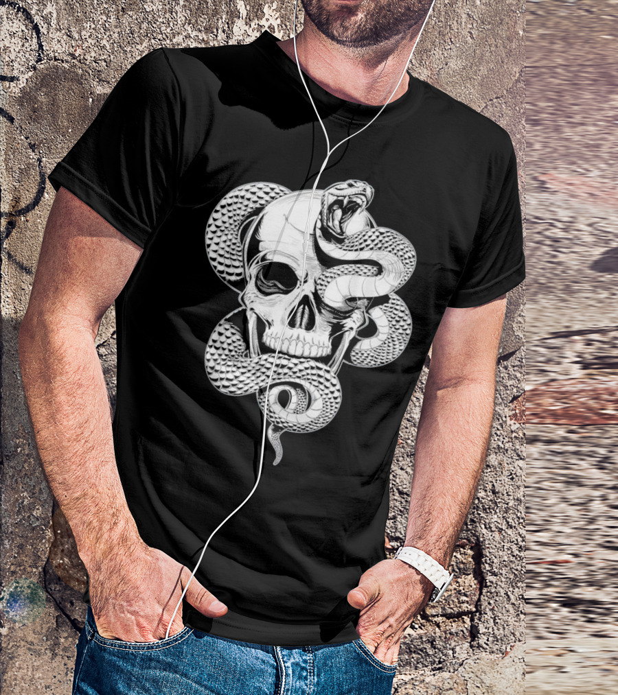 Snake Wrapped Around Skull Skeleton T-Shirt