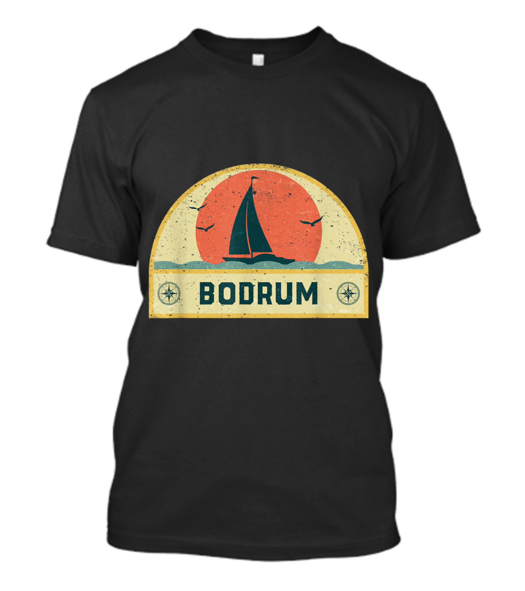 Vintage Bodrum Sailing Adventure With Sunset And Compass T-Shirt
