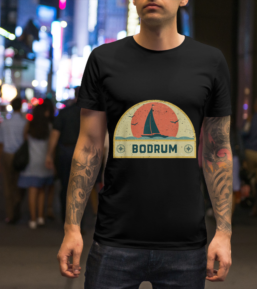 Vintage Bodrum Sailing Adventure With Sunset And Compass T-Shirt
