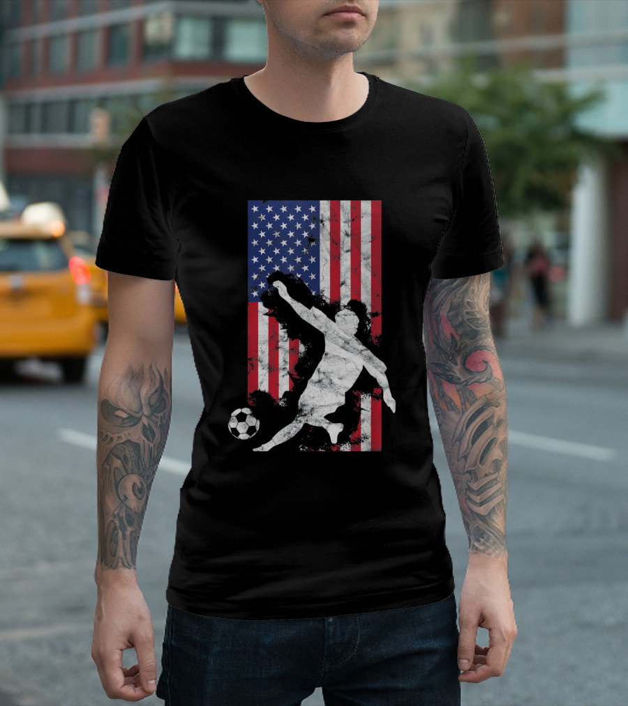 USA Soccer Player with American Flag Background T-Shirt