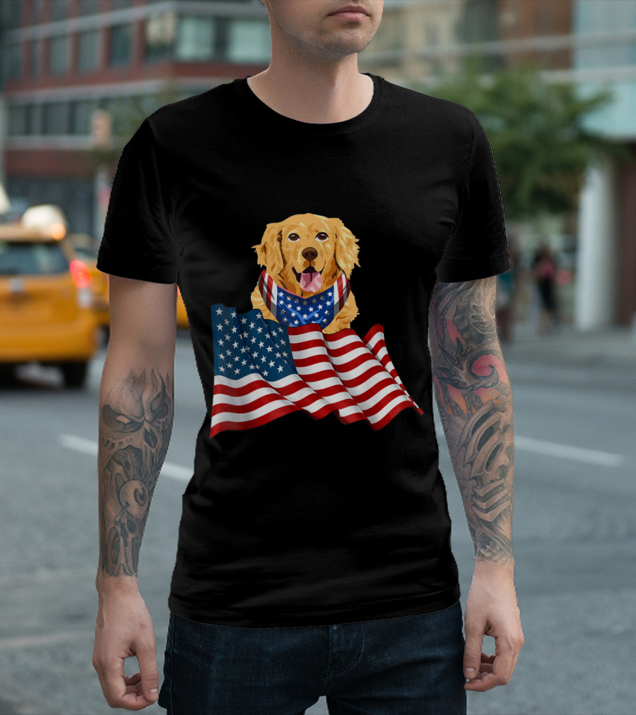 Golden Retriever with American Stars and Stripes Flag T-Shirt