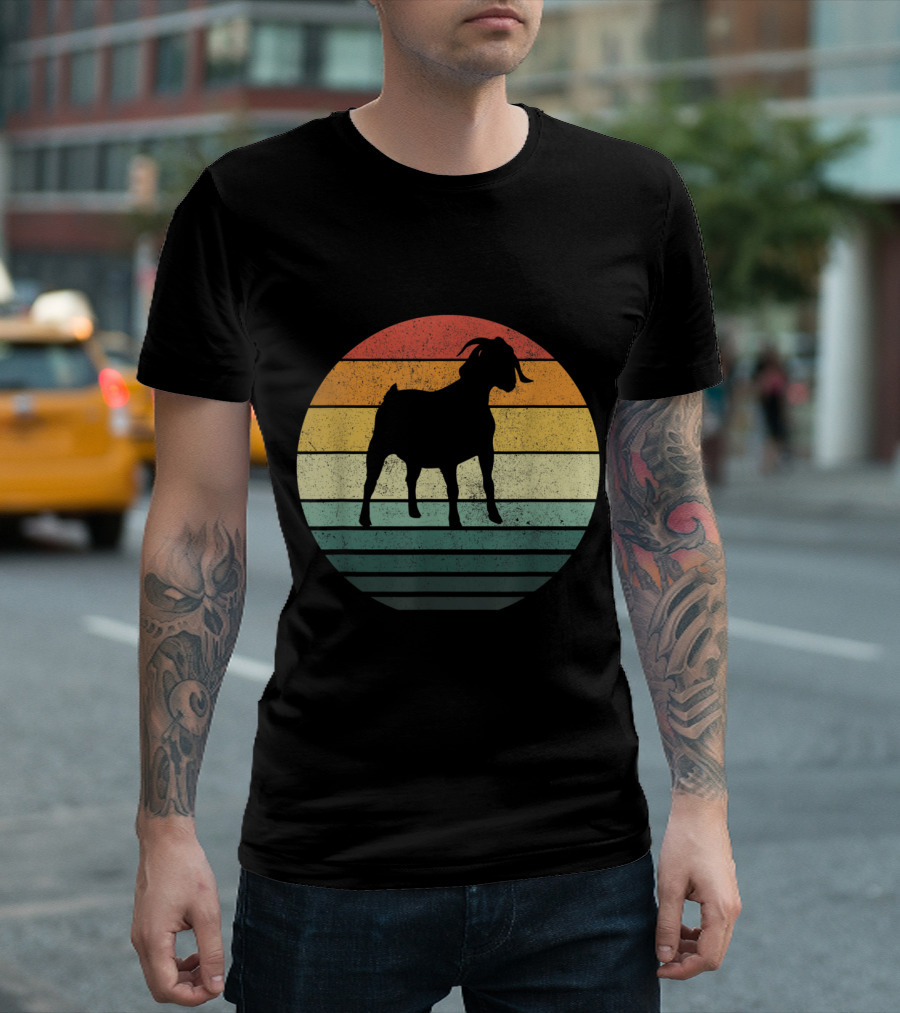 Boer Goat Vintage Silhouette Against Striped Sunset Circle T-Shirt