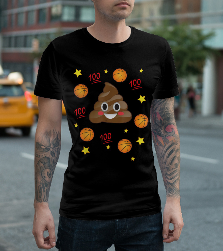 Poop Emoji With Smiley Face Basketball Stars And 100 Marks T-Shirt