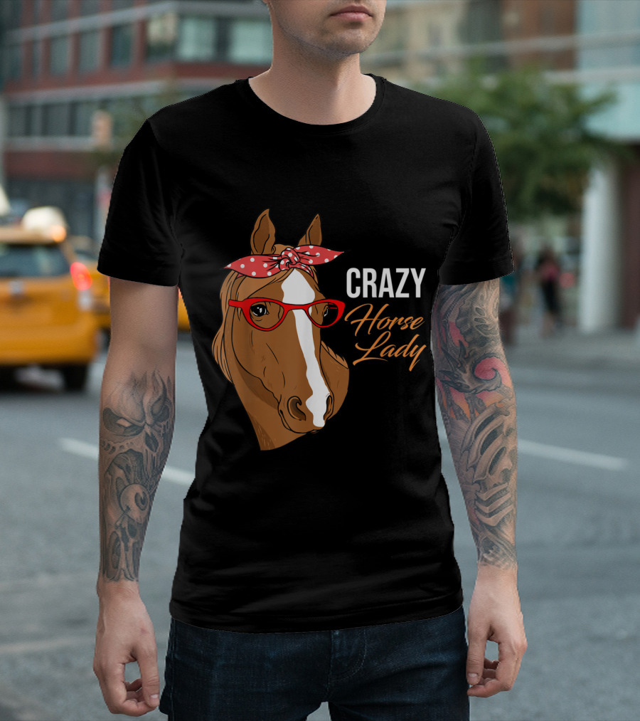 Crazy Horse Lady Fun Bandana Glasses Retro Style Horse T-Shirt