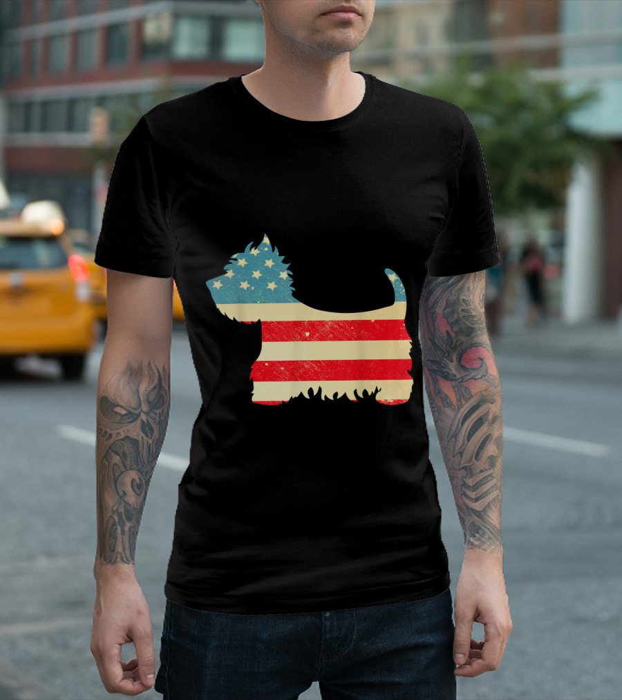 Vintage American Flag Westie Dog Silhouette 4th of July T-Shirt