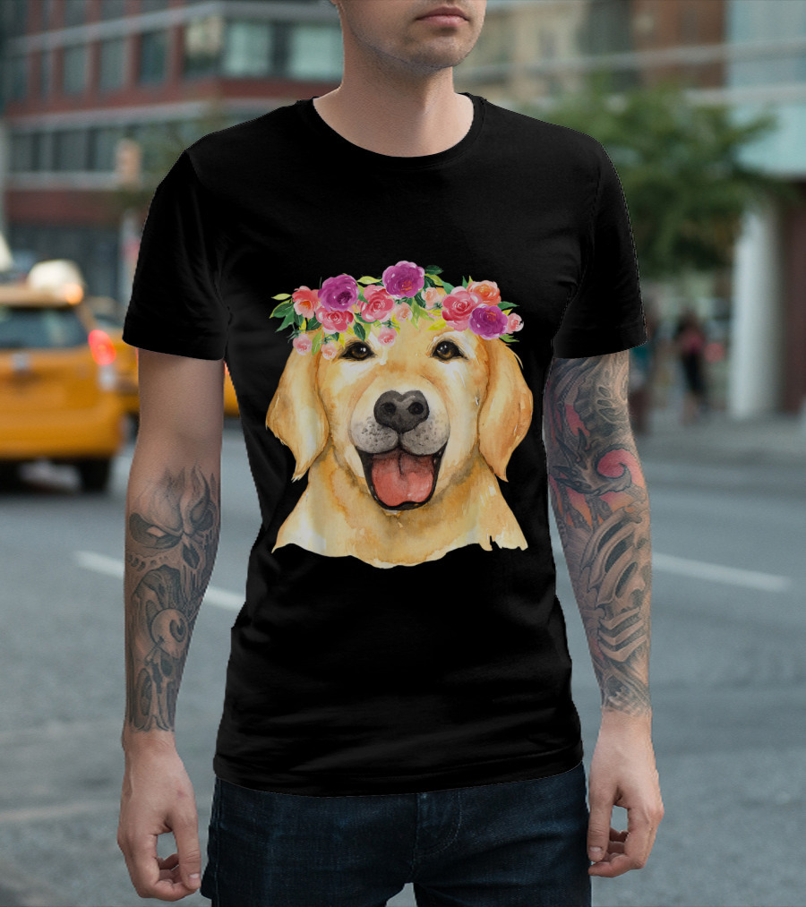Golden Retriever Cute Golden Retriev Floral Crown T-Shirt