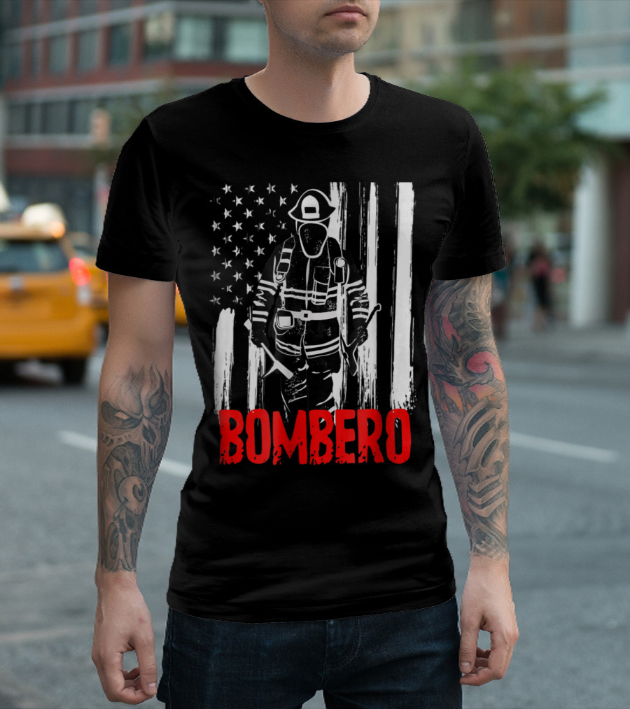 Bombero Hispanic Firefighter Silhouette With Distressed American Flag Background T-Shirt