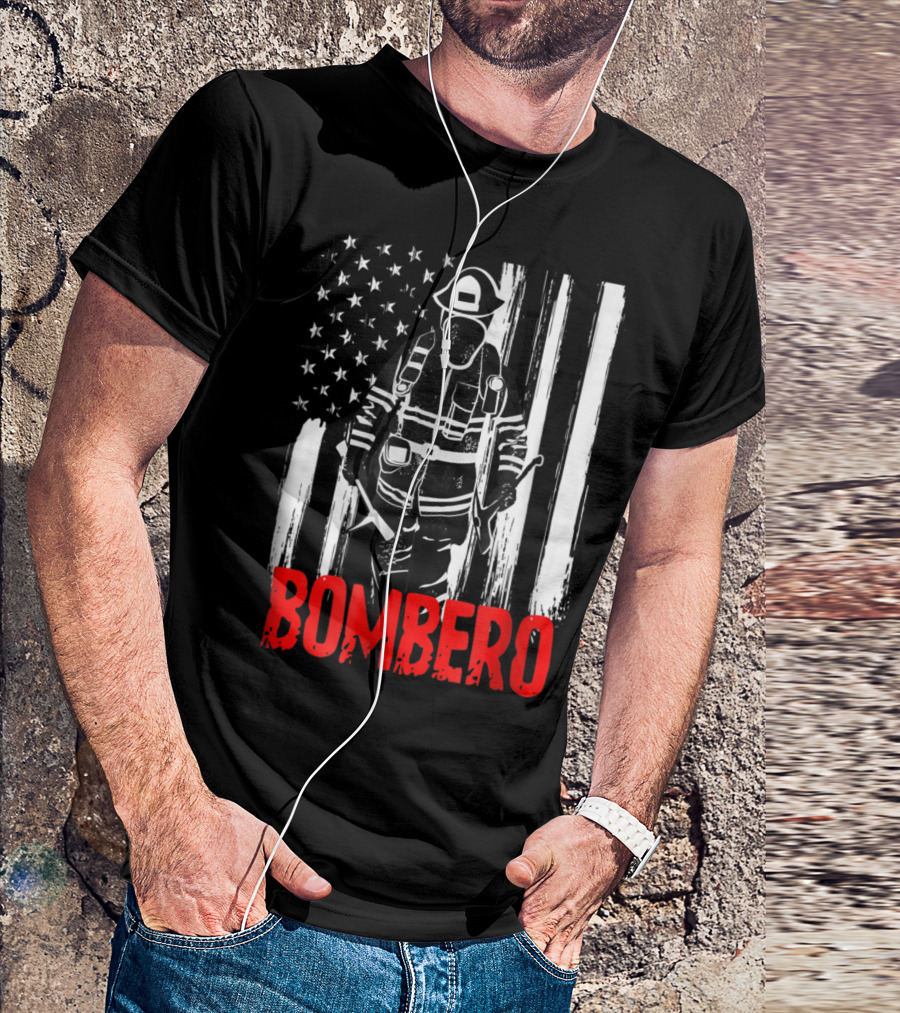 Bombero Hispanic Firefighter Silhouette With Distressed American Flag Background T-Shirt