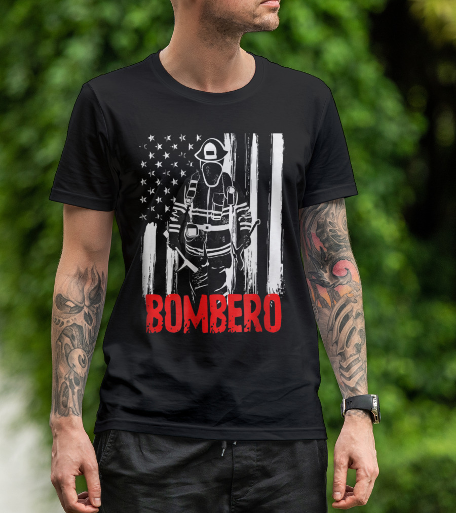 Bombero Hispanic Firefighter Silhouette With Distressed American Flag Background T-Shirt