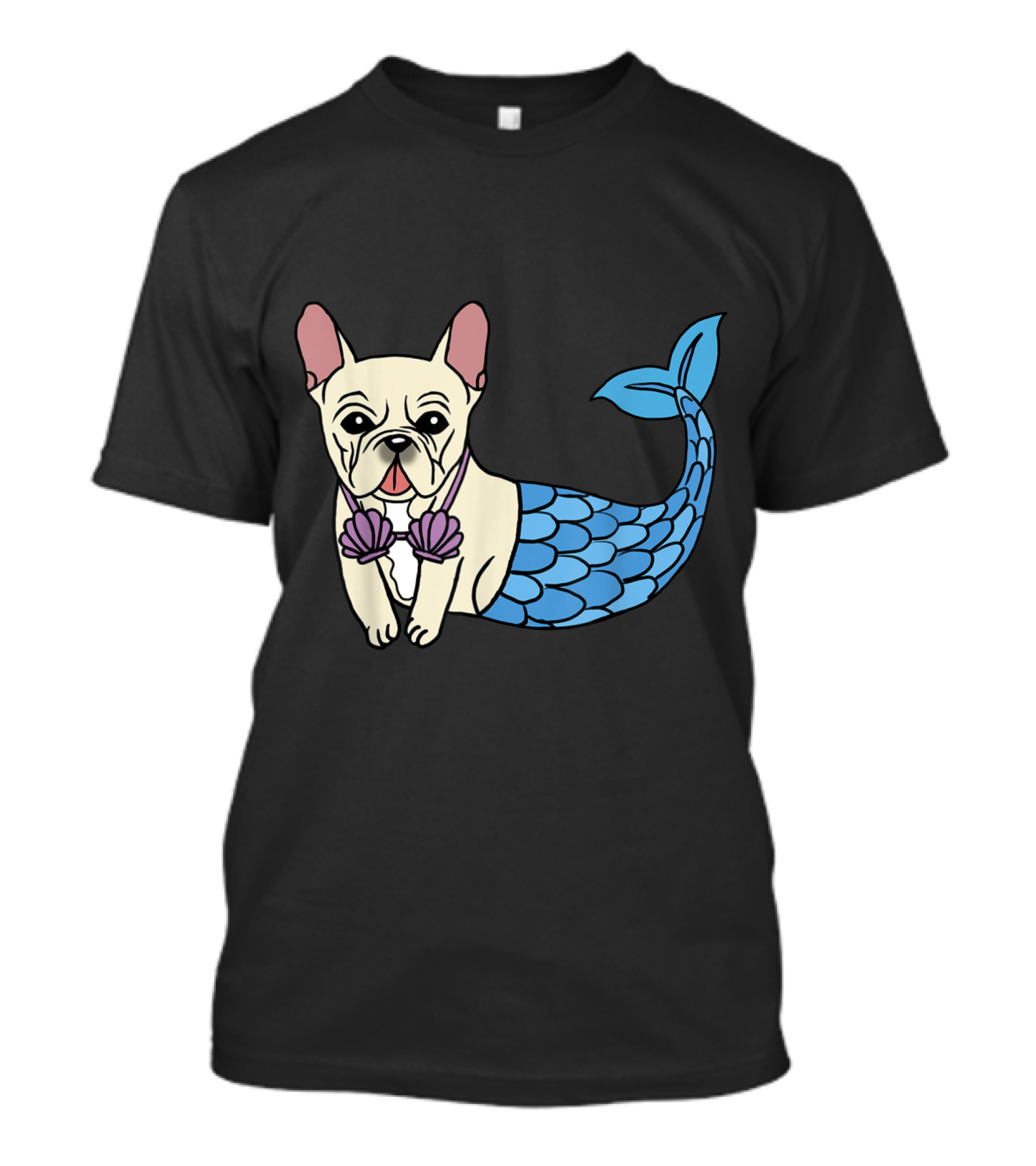 French Bulldog Mermaid With Shell Bra And Blue Tail T-Shirt