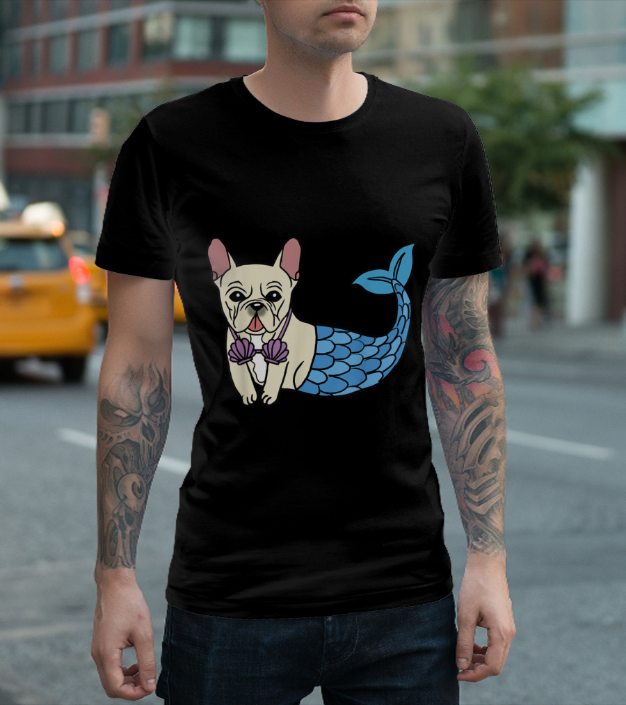 French Bulldog Mermaid With Shell Bra And Blue Tail T-Shirt
