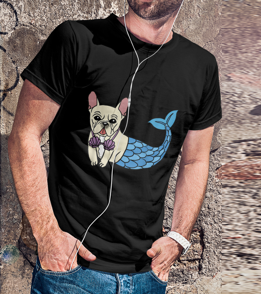 French Bulldog Mermaid With Shell Bra And Blue Tail T-Shirt