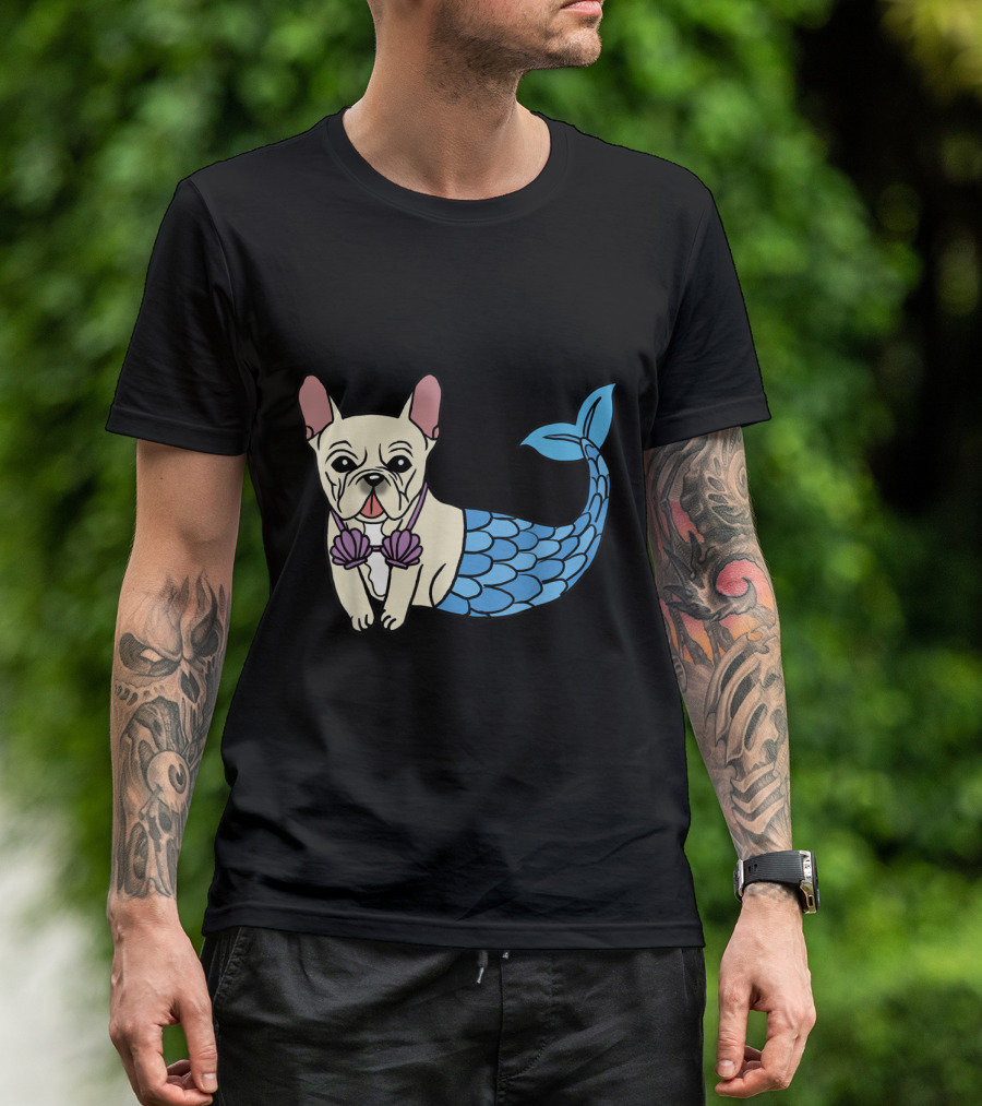 French Bulldog Mermaid With Shell Bra And Blue Tail T-Shirt