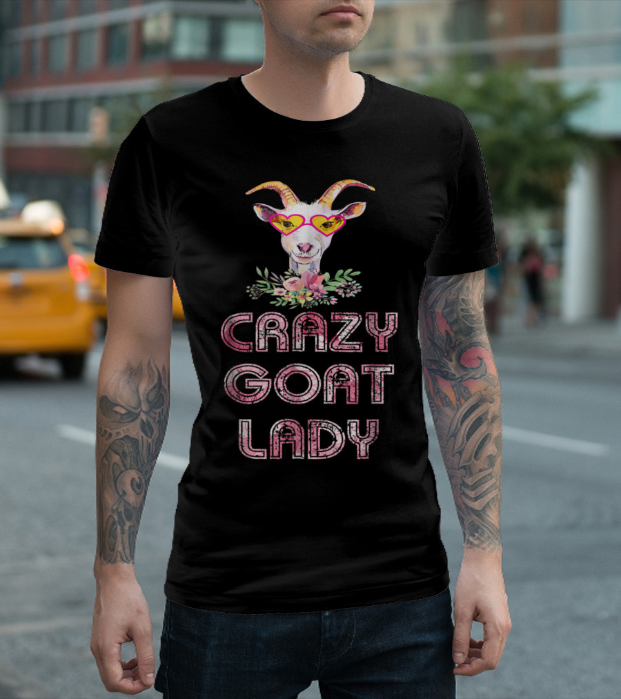 Crazy Goat Lady with Floral Accents and Heart-Shaped Sunglasses T-Shirt