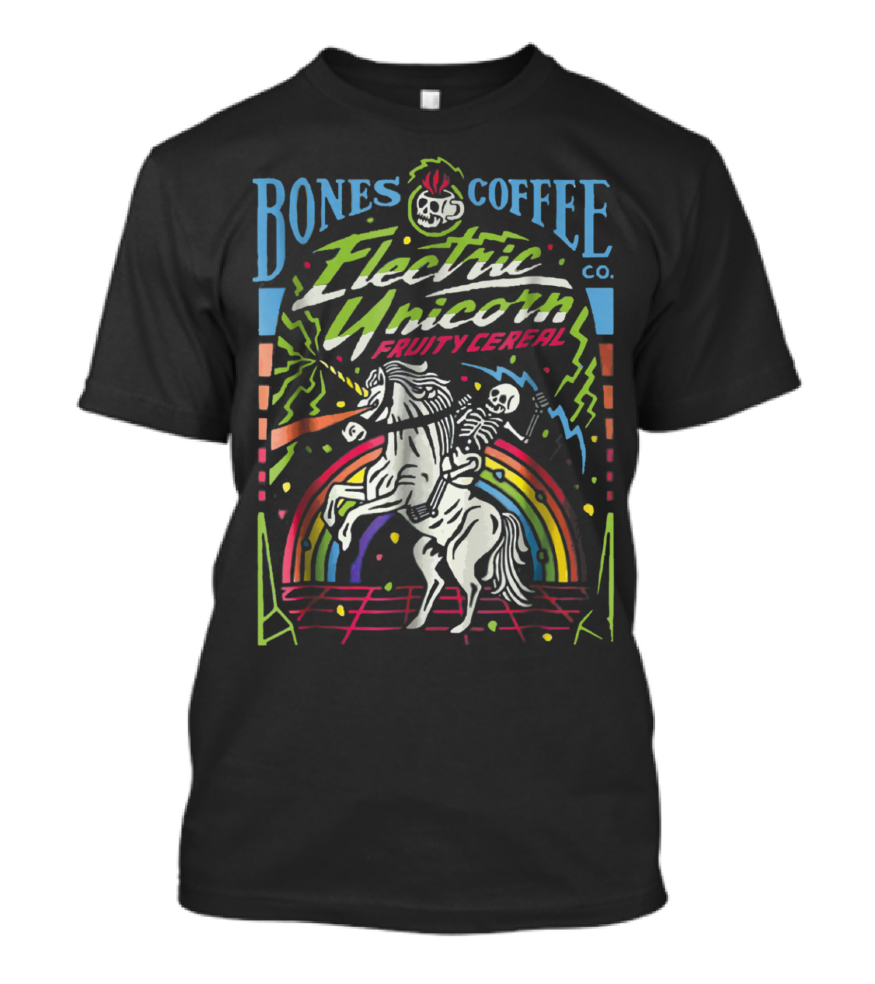 Bones Coffee Electric Unicorn Fruity Cereal Skeleton Riding Rainbow Laser Horse T-Shirt