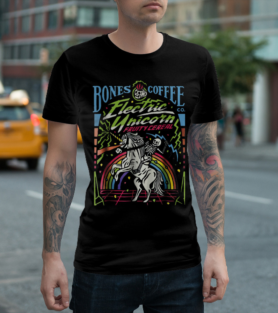 Bones Coffee Electric Unicorn Fruity Cereal Skeleton Riding Rainbow Laser Horse T-Shirt
