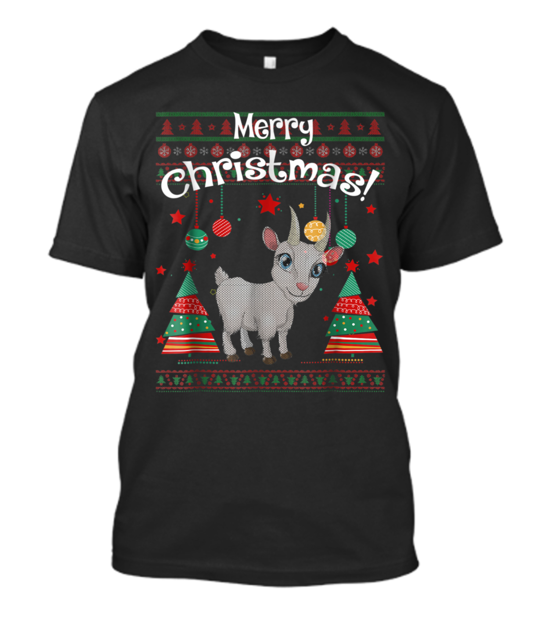 Merry Christmas Funny Goat With Festive Trees And Ornaments T-Shirt