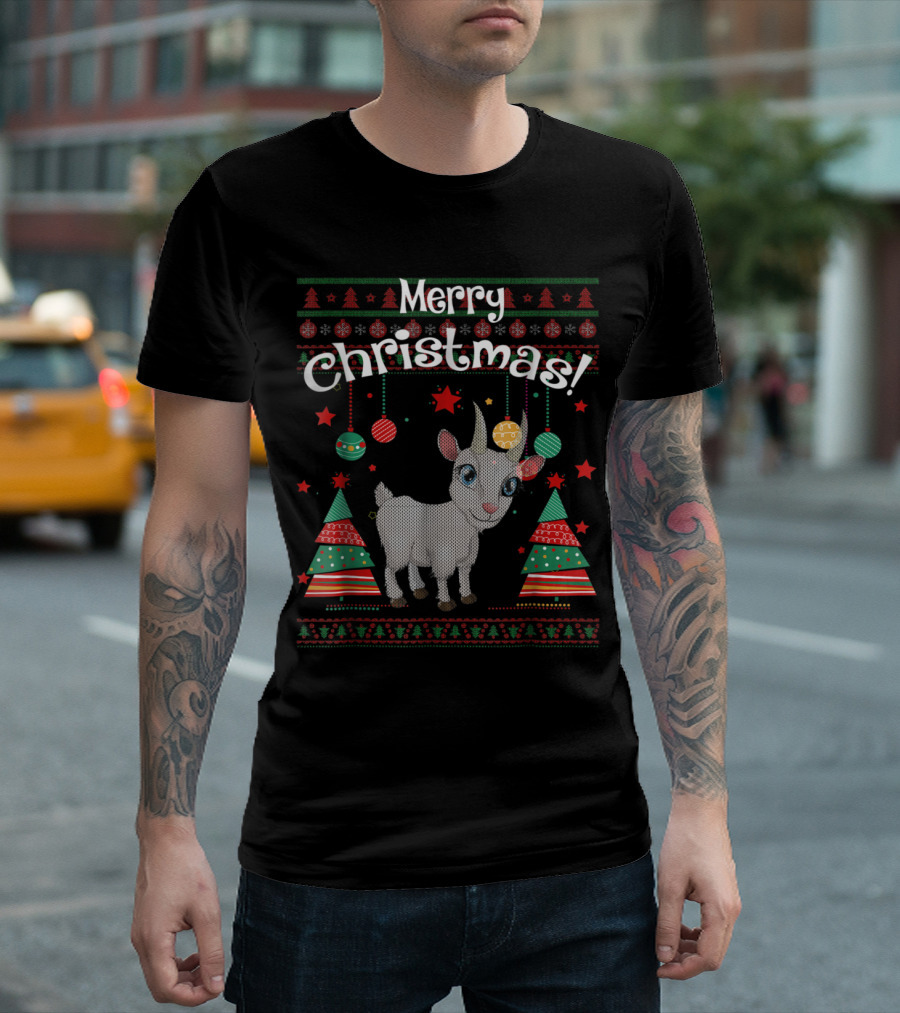 Merry Christmas Funny Goat With Festive Trees And Ornaments T-Shirt