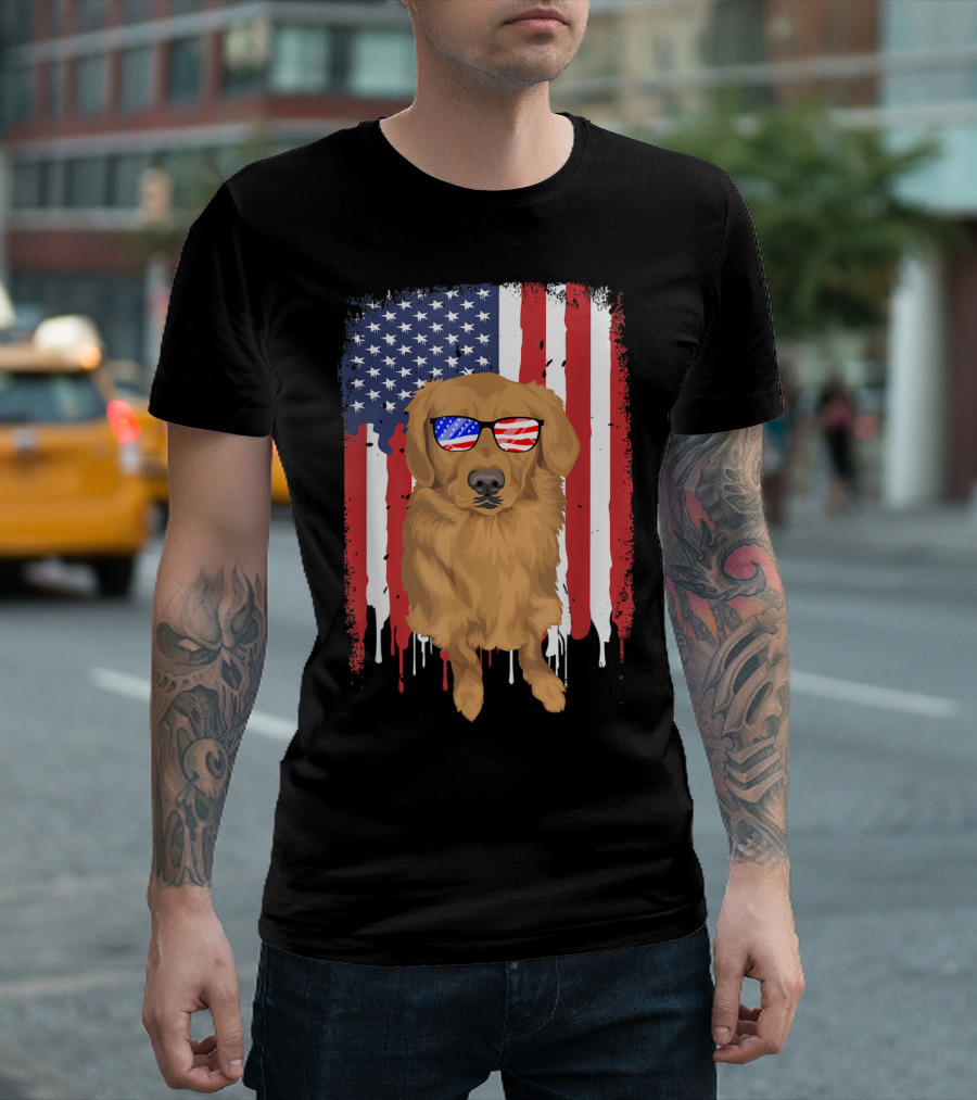 Golden Retriever Wearing USA Flag Sunglasses with American Flag Background T-Shirt