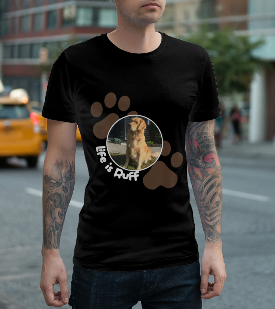 Golden Retriever Life is Ruff with Paw Print Background T-Shirt
