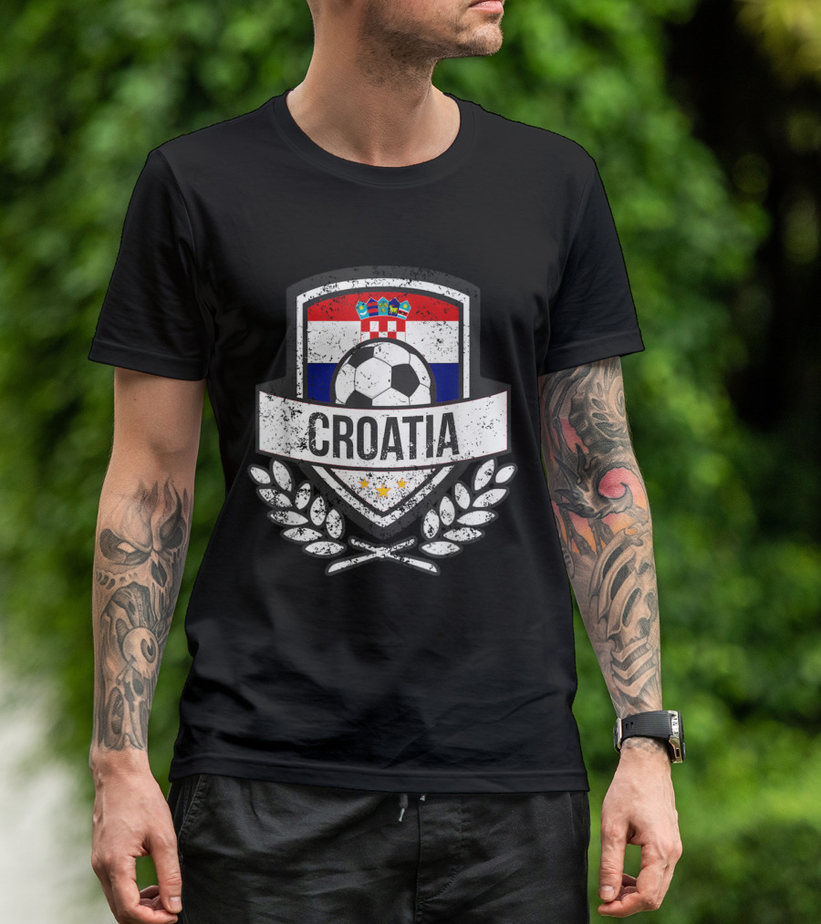 Croatia Flag Emblem Soccer Crest With Football And Laurel Elements T-Shirt