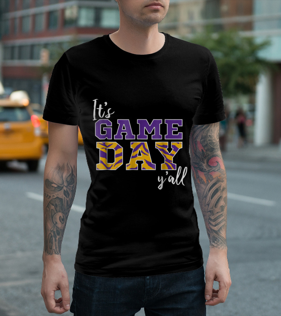 It's Game Day Y'all Purple And Tiger Stripe Letters T-Shirt