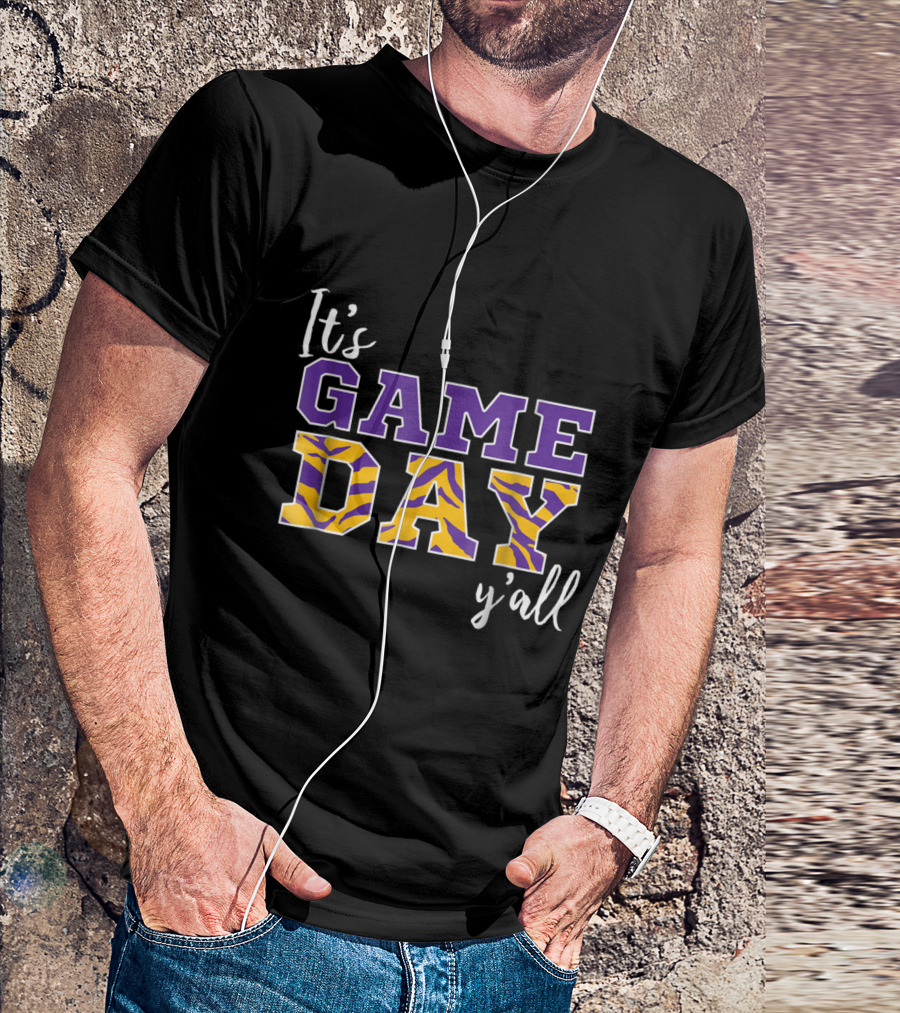 It's Game Day Y'all Purple And Tiger Stripe Letters T-Shirt
