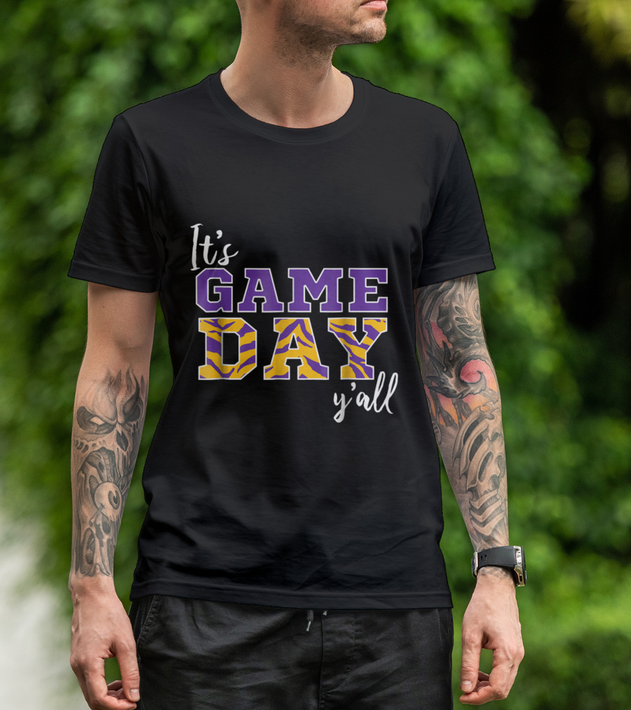 It's Game Day Y'all Purple And Tiger Stripe Letters T-Shirt