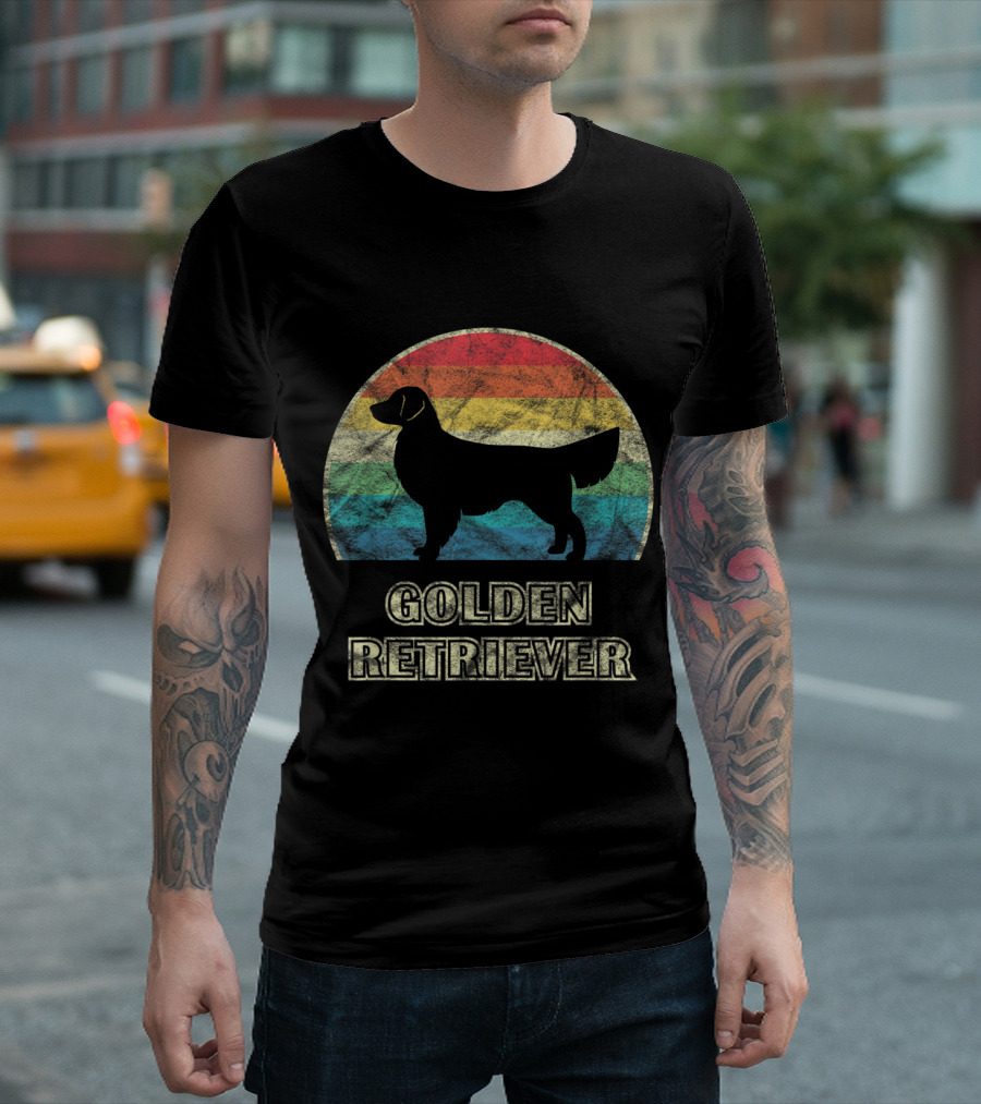 Golden Retriever Silhouette with Vintage Rainbow Circle T-Shirt