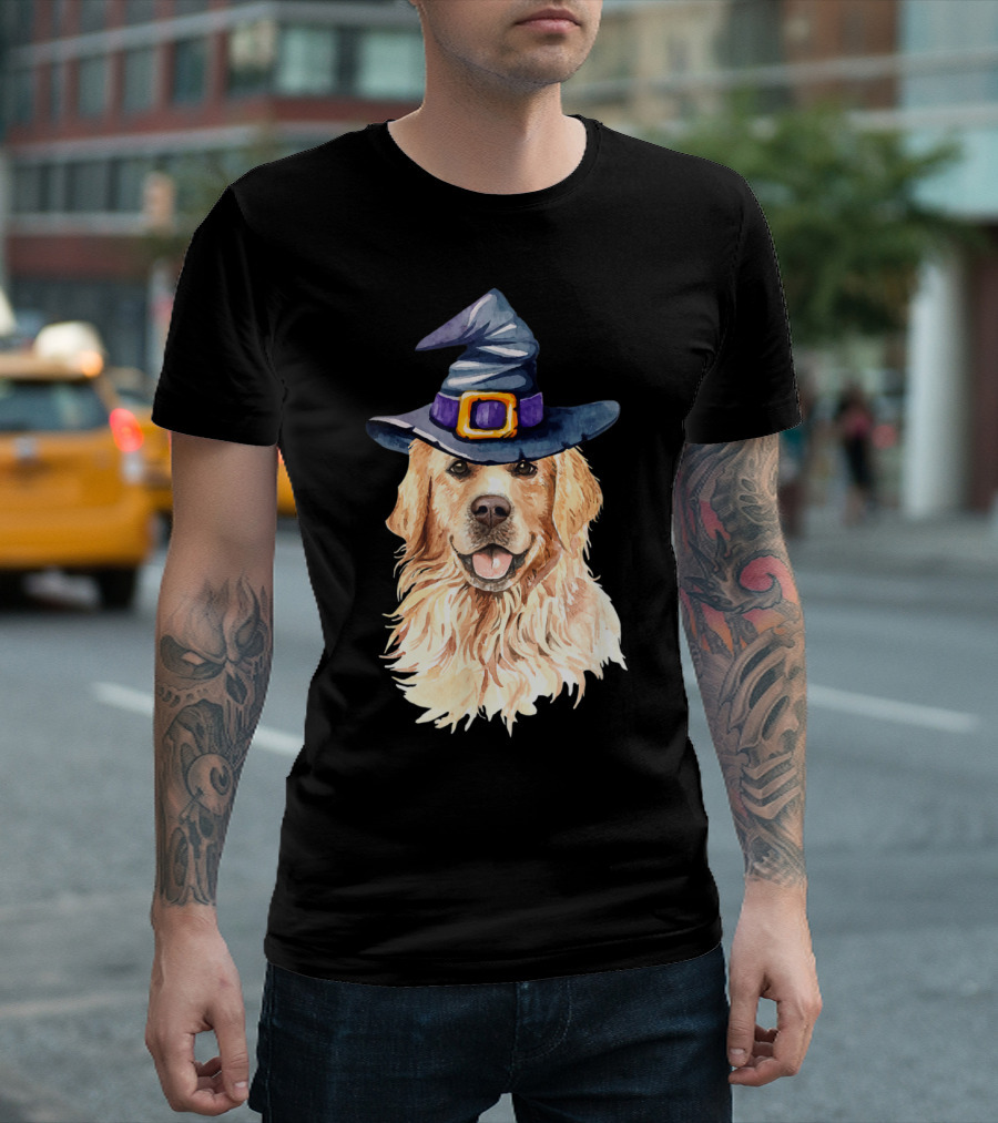 Golden Retriever in Witch Hat Illustration for Dog Lovers T-Shirt