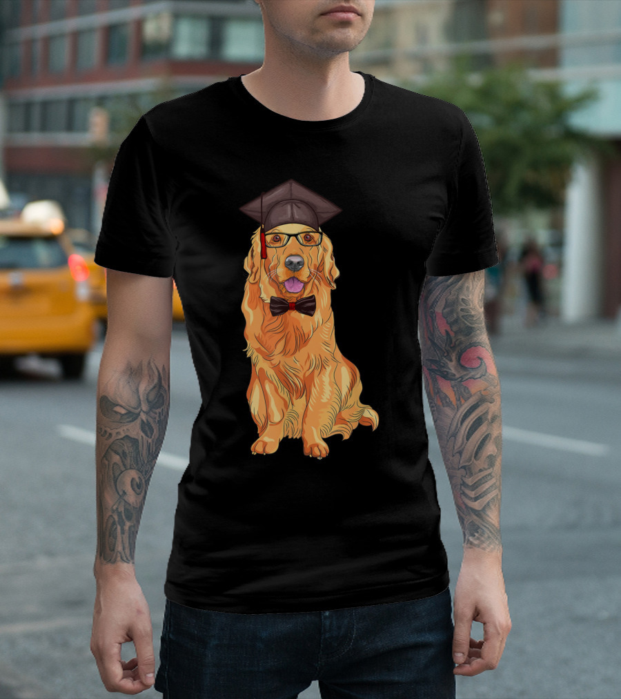 Golden Retriever Graduation Cap Glasses Bow Tie Happy Dog T-Shirt
